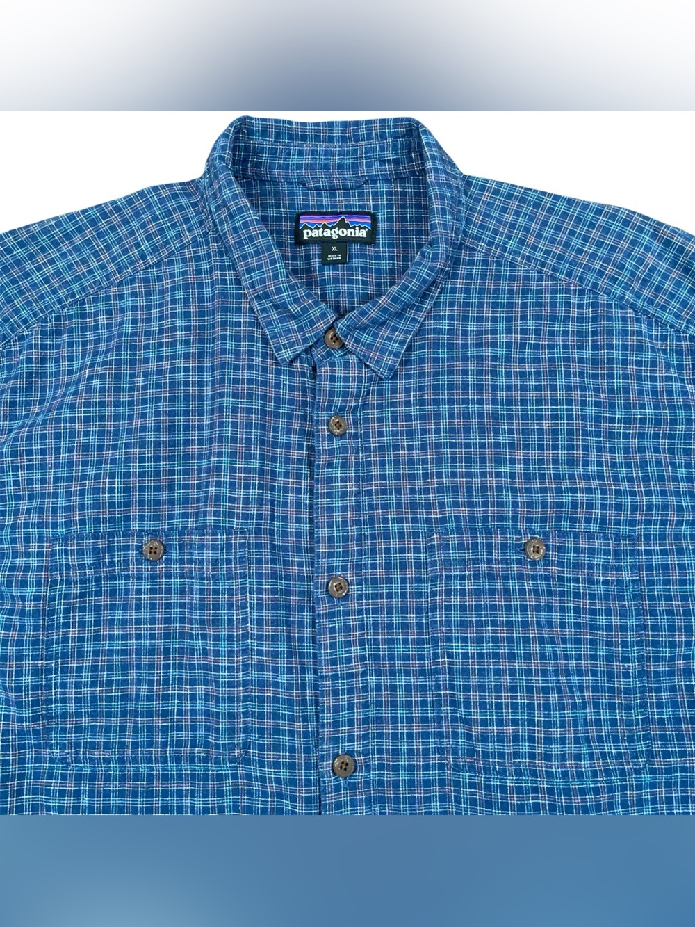 Patagonia Blue Plaid Short Sleeve Button Up Shirt Men’s XL Outdoor